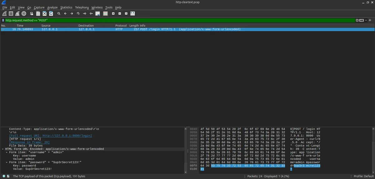 Wireshark Follow TCP Stream window showing a plaintext HTTP POST request with the raw form body username=admin and password=Sup3rSecret123 fully readable