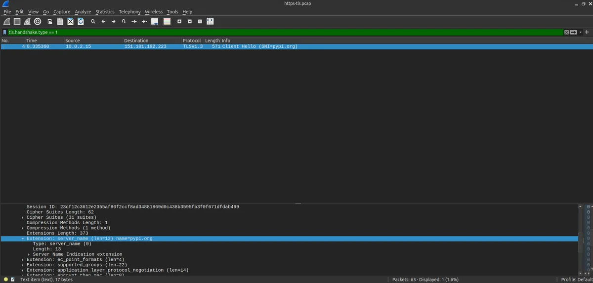 Wireshark packet detail of a TLS 1.3 Client Hello showing the Server Name Indication extension naming pypi.org in plain text before any encryption begins