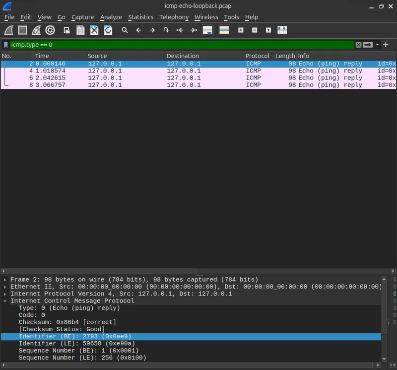 Wireshark packet detail of the matching ICMP type 0 echo reply, with the same identifier and sequence number as the corresponding request