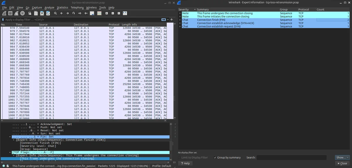 Wireshark Expert Information window listing suspected retransmissions, duplicate ACKs, a fast retransmission, and a TCP window full warning found in the packet-loss capture