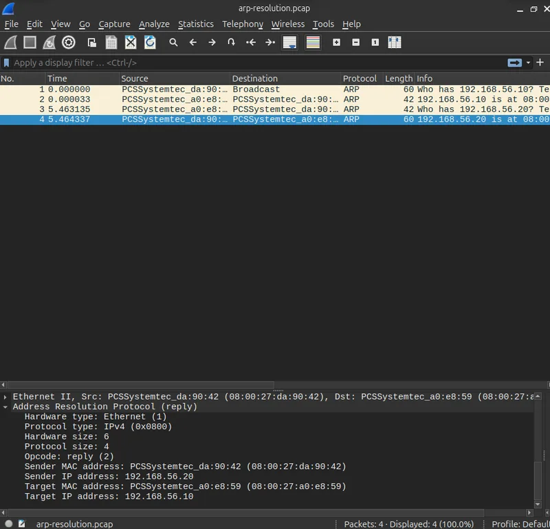 Wireshark packet detail of the ARP reply showing the resolved MAC address mapped to the target IP address