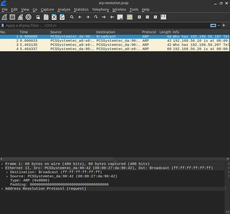 Wireshark packet list showing an ARP request broadcast and its unicast reply between two VirtualBox lab VMs after flushing the ARP cache
