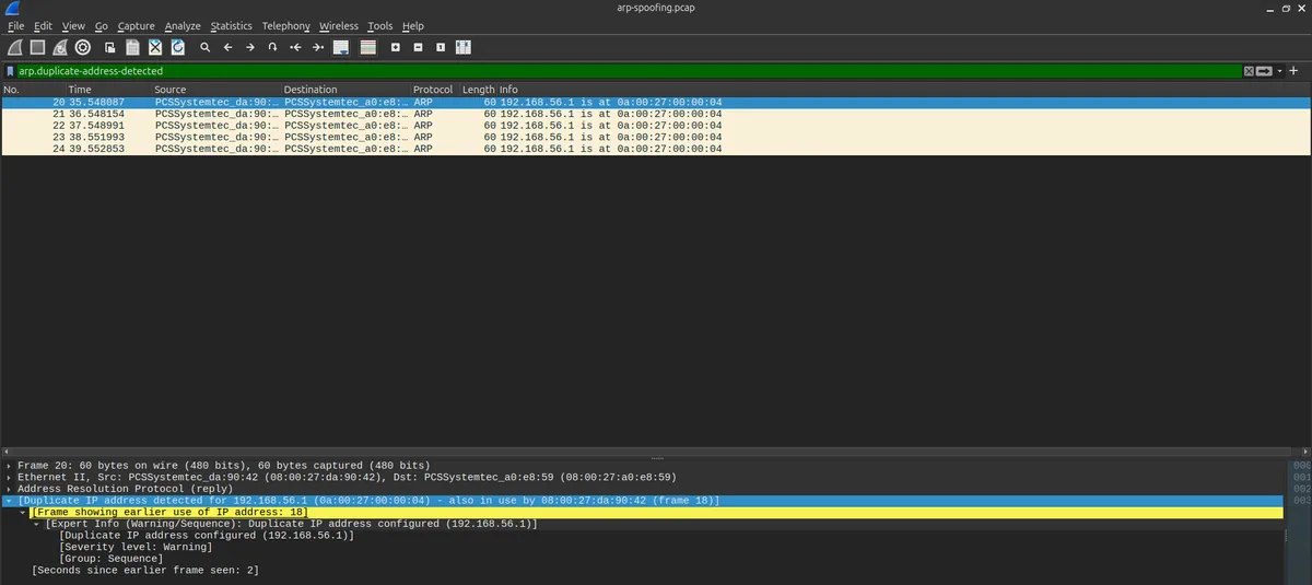 Wireshark flagging a duplicate IP address configured warning after detecting multiple conflicting ARP replies for the same address during the spoofing attempt