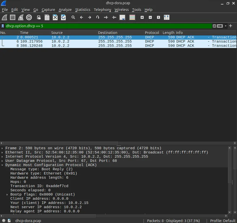 Wireshark packet detail of the DHCP Ack message confirming the lease is finalized for the client