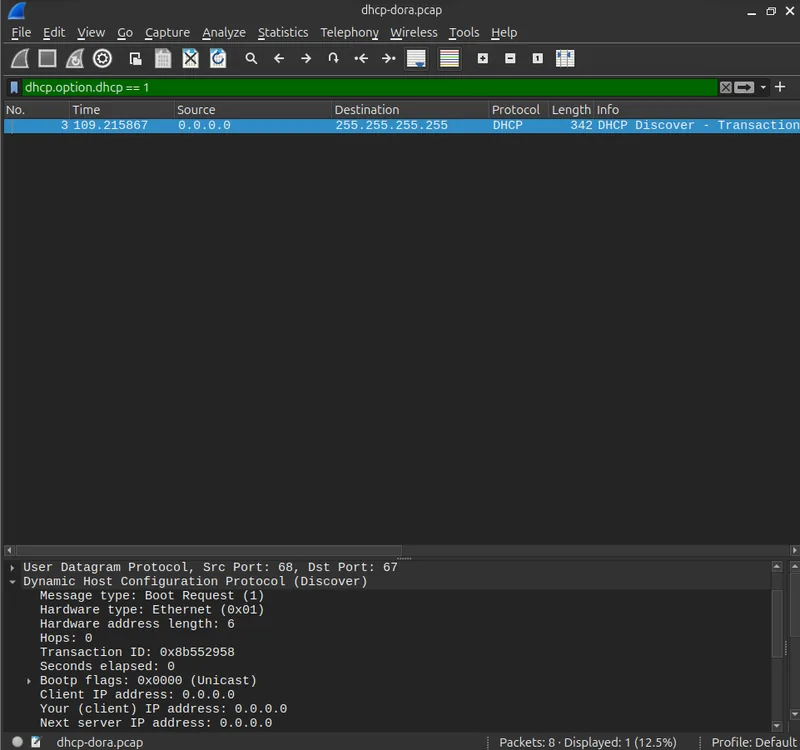 Wireshark packet detail of the DHCP Discover message broadcast from the client, which has no IP address yet