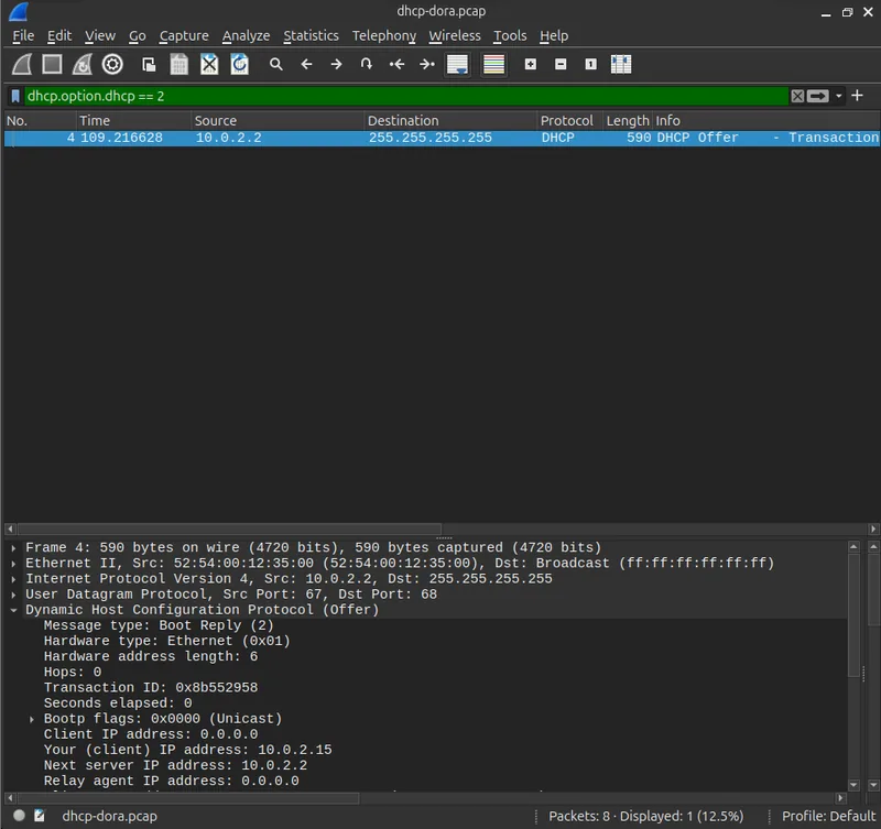 Wireshark packet detail of the DHCP Offer message with the server proposing an IP address and lease terms to the client