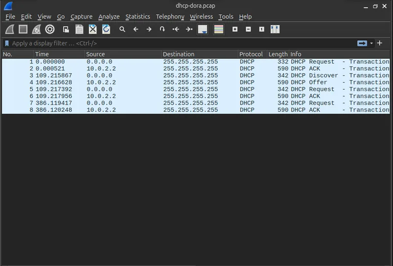 Wireshark packet list showing a full DHCP Discover, Offer, Request, Ack cycle after releasing and renewing a lease on the lab client VM