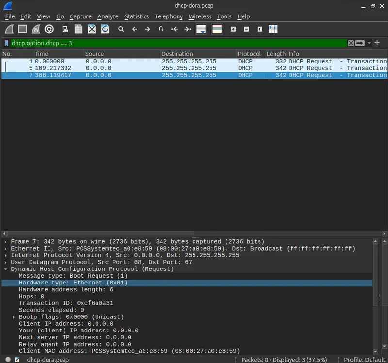 Wireshark packet detail of the DHCP Request message, broadcast by the client so any competing DHCP server learns which offer was accepted
