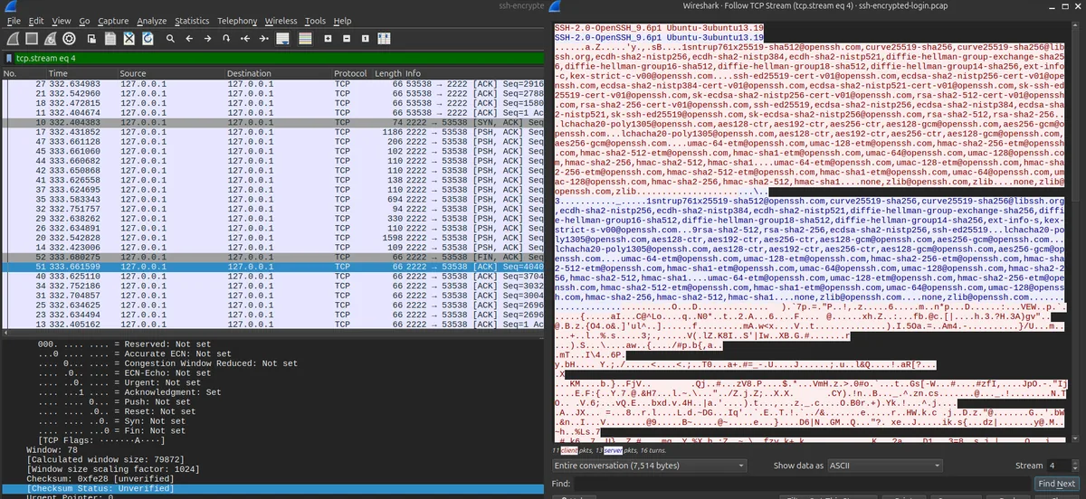 Wireshark Follow TCP Stream of the SSH session showing the plaintext version banner and key exchange followed by fully opaque encrypted binary data