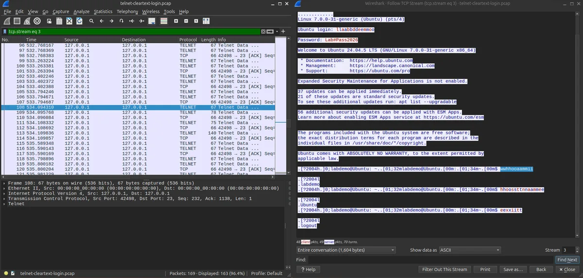 Wireshark Follow TCP Stream window showing a real Telnet login prompt with the username and password fully readable in plain text